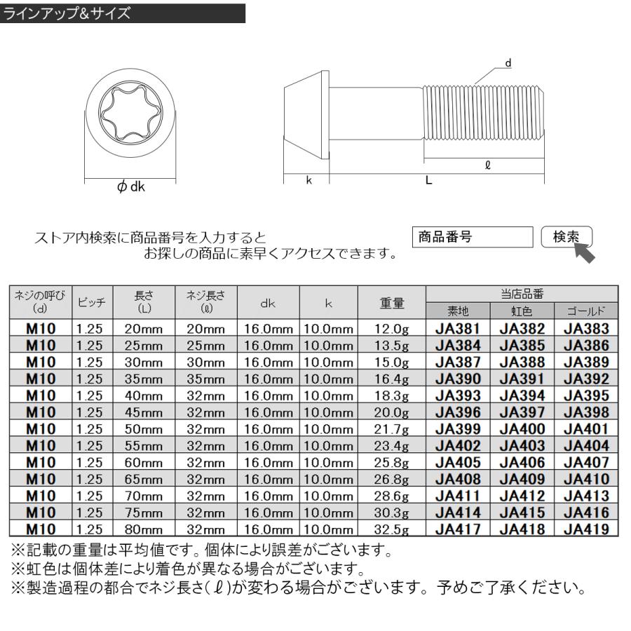 チタンボルト M10×50mm P1.25 キャップボルト トルクス穴 ゴールド テーパー JA401 :JA401:オートパーツ専門店 EALE  store - 通販 - Yahoo!ショッピング