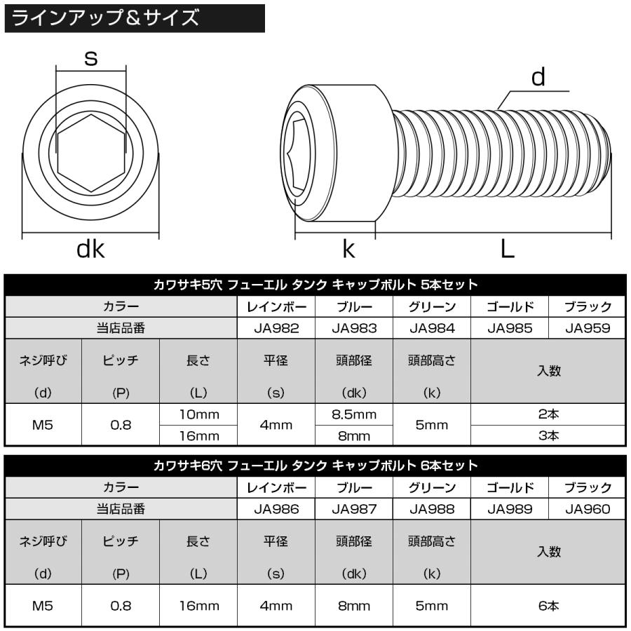 チタンボルト 6本セット カワサキ6穴 ガソリン フューエル タンク キャップボルト ブラック JA960 | カワサキ | 04