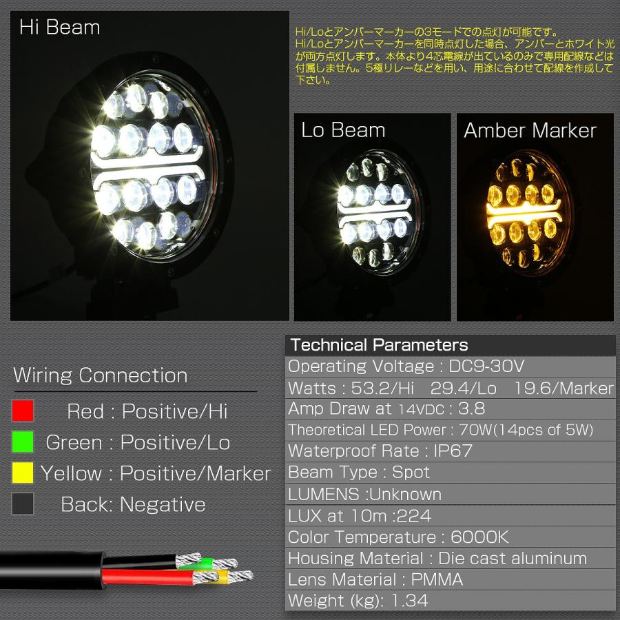 LED 作業灯 ワークライト 70W 12V 24V スポット Hi Lo アンバー LED 作業灯 ワークライト 70W 12V 24V スポット Hi Lo アンバー