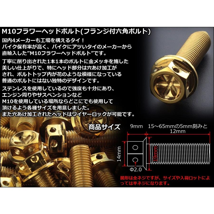 M10×12mm フラワー ヘッド ボルト ステンレス 削り出し フランジ付六角ボルト フレームやエンジン周りに ゴールド TB0520 | ブランド登録なし | 02