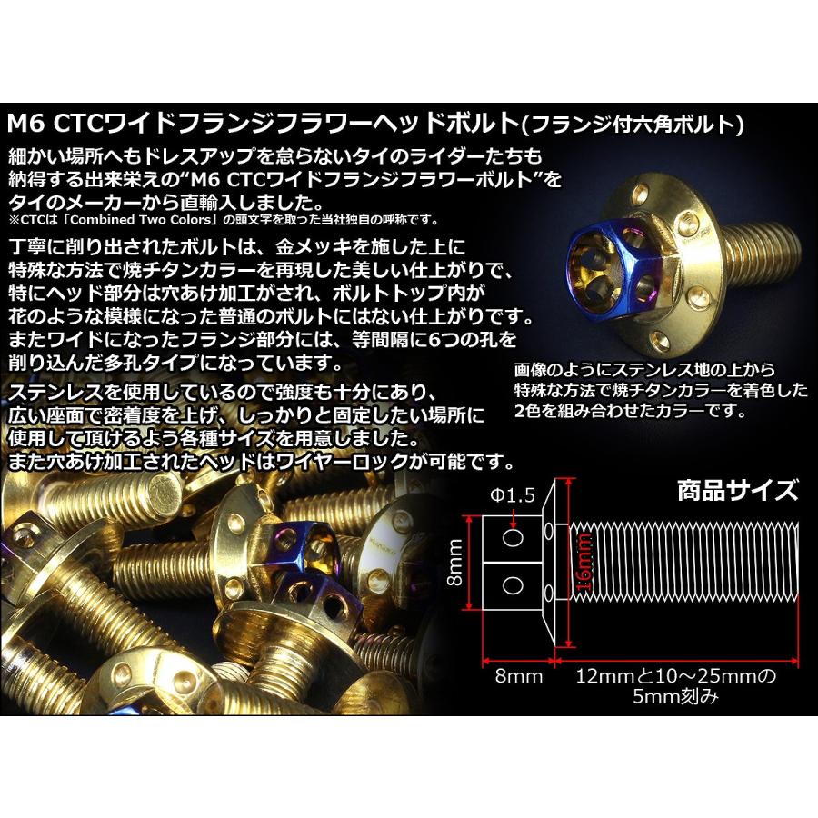 M6×15mm P1.00 2色 ワイドフランジフラワー ボルト ワイヤーロック穴付き 六角ボルト ステンレス削り出し ゴールド&焼きチタンカラー TB0977 | ブランド登録なし | 02