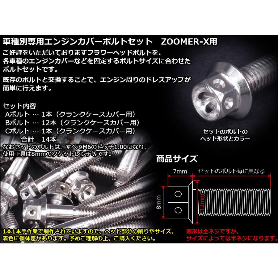 ZOOMER-X エンジンカバー ボルト14本set フランジ付六角ボルト フラワーヘッド シルバー TB6029｜eale｜02