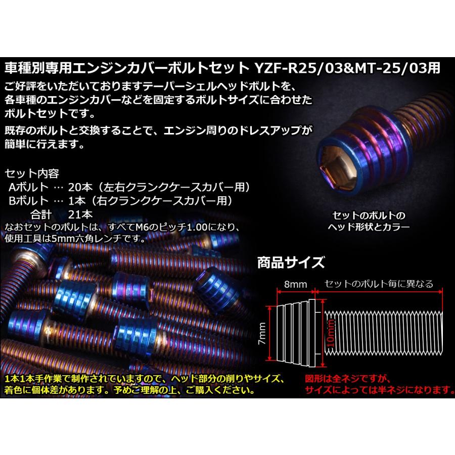 YZF-R25 YZF-R3 MT-25 MT-03 エンジンカバー ボルト21本set キャップボルト テーパーシェルヘッド 焼チタンカラー TB7028 | ヤマハ発動機 | 01