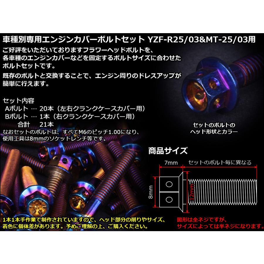 YZF-R25 YZF-R3 MT-25 MT-03 エンジンカバー ボルト21本set フランジ付六角ボルト フラワーヘッド 焼チタンカラー TB7031 | ヤマハ発動機 | 01