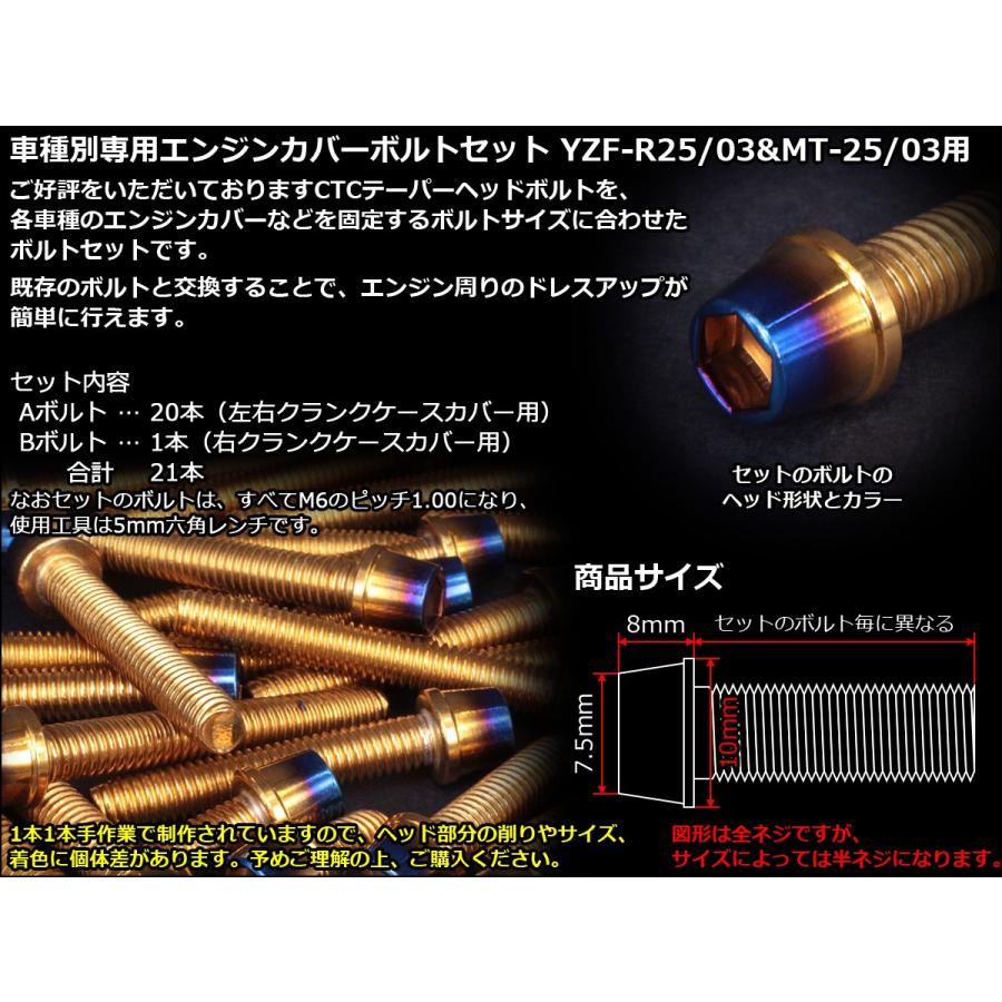 YZF-R25 YZF-R3 MT-25 MT-03 エンジンカバー ボルト21本set キャップボルト CTC Taper.S.H ゴールド＆焼チタンカラー TB7033 | ヤマハ発動機 | 01