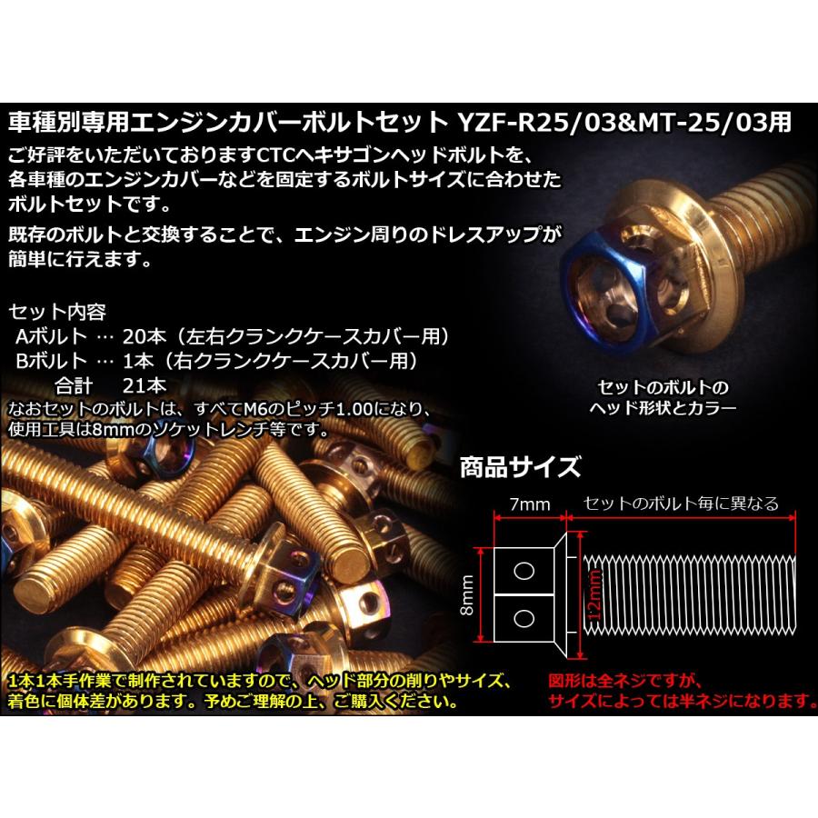 YZF-R25 YZF-R3 MT-25 MT-03 エンジンカバー ボルト21本set フランジ六角ボルト CTC H.H ゴールド＆焼チタンカラー TB7035 | ヤマハ発動機 | 01