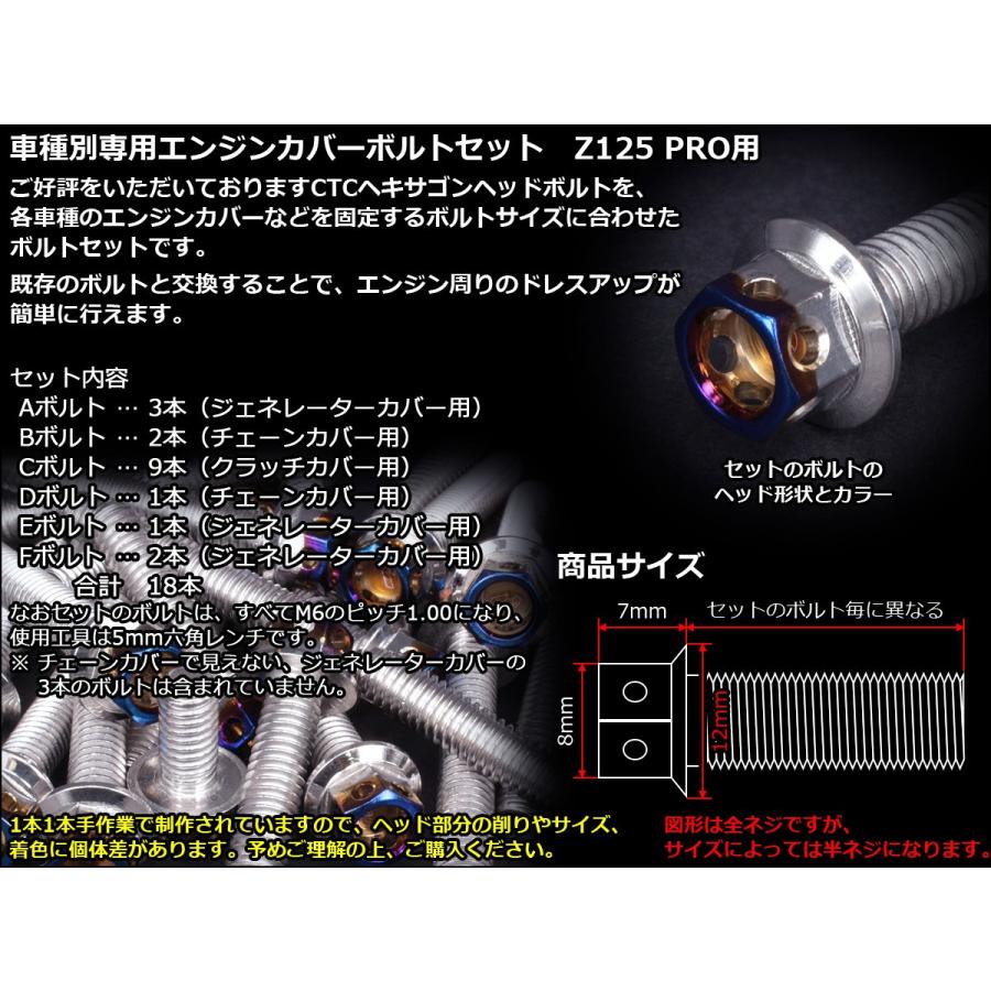 Z125 PRO(BR125) エンジンカバー ボルト18本set フランジ付六角ボルト CTC Hexagon Head シルバー＆焼チタンカラー TB8034 | ブランド登録なし | 01