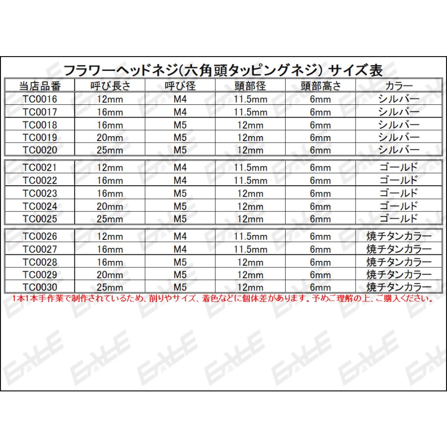 M4×12mm フラワーヘッドネジ タッピングネジ ステンレス 削り出し 六角頭 フランジ 焼チタンカラー TC0026｜eale｜03