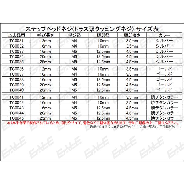 M4×16mm ステップヘッドネジ タッピングネジ ステンレス 削り出し トラス頭 カウルやパネルなどに 焼チタンカラー TC0042｜eale｜03