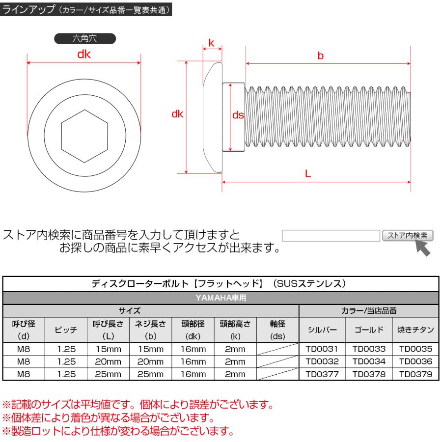 ブレーキ ディスクローター ボルト ヤマハ用 M8×15mm P=1.25 ステンレス フラットヘッド 焼チタンカラー TD0035 | ヤマハ発動機 | 04