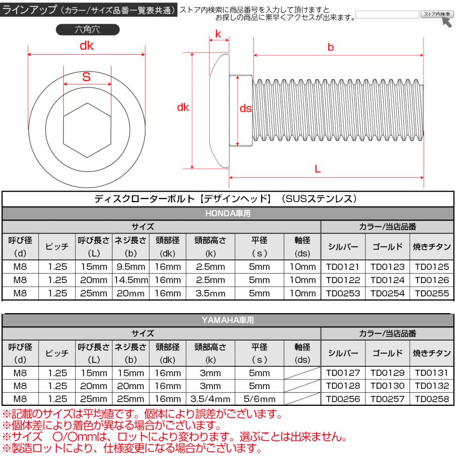 SUSステンレス製 M8×20mm P1.25 ブレーキ ディスク ローター ボルト デザインヘッド ヤマハ車用 ゴールド TD0130 | ヤマハ発動機 | 04