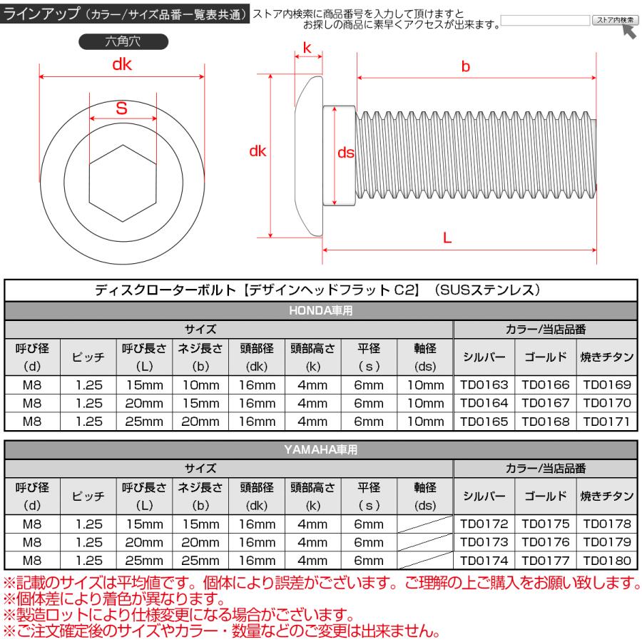 ブレーキ ディスクローター ボルト ホンダ用 M8×25mm P=1.25 ステンレス デザインヘッドフラット C2 焼きチタンカラー TD0171 | ホンダ | 04