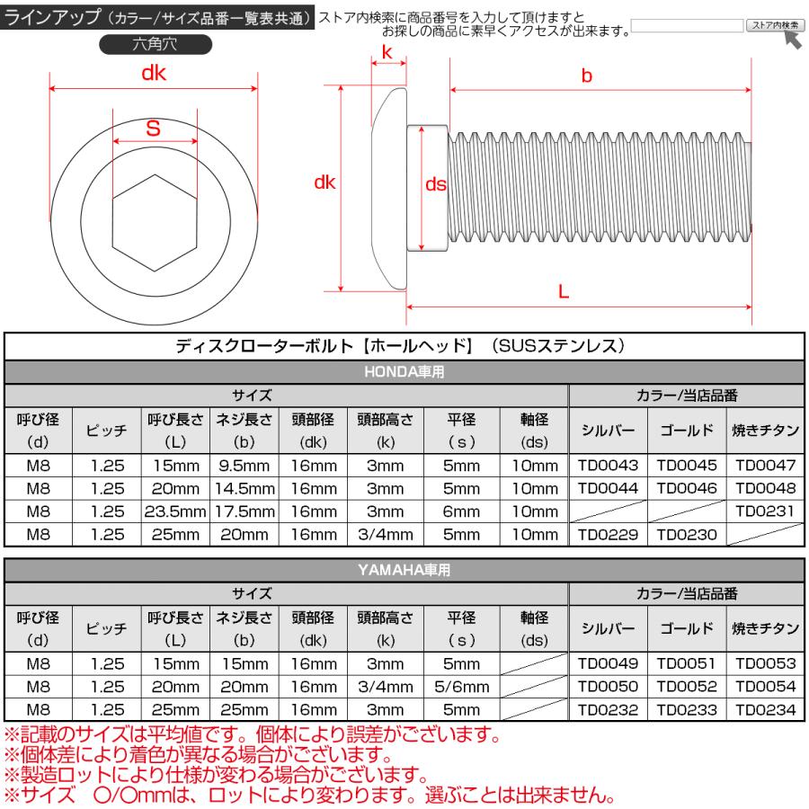 ブレーキ ディスクローター ボルト ヤマハ用 M8×25mm P=1.25 ステンレス ホールヘッド シルバー TD0232 | ヤマハ発動機 | 04