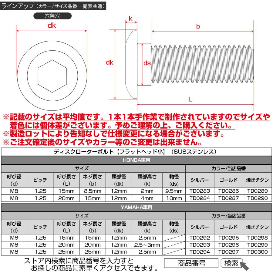 ブレーキ ディスクローター ボルト ヤマハ用 M8×25mm P1.25 ステンレス フラットヘッド小 シルバー TD0294 | ヤマハ発動機 | 04