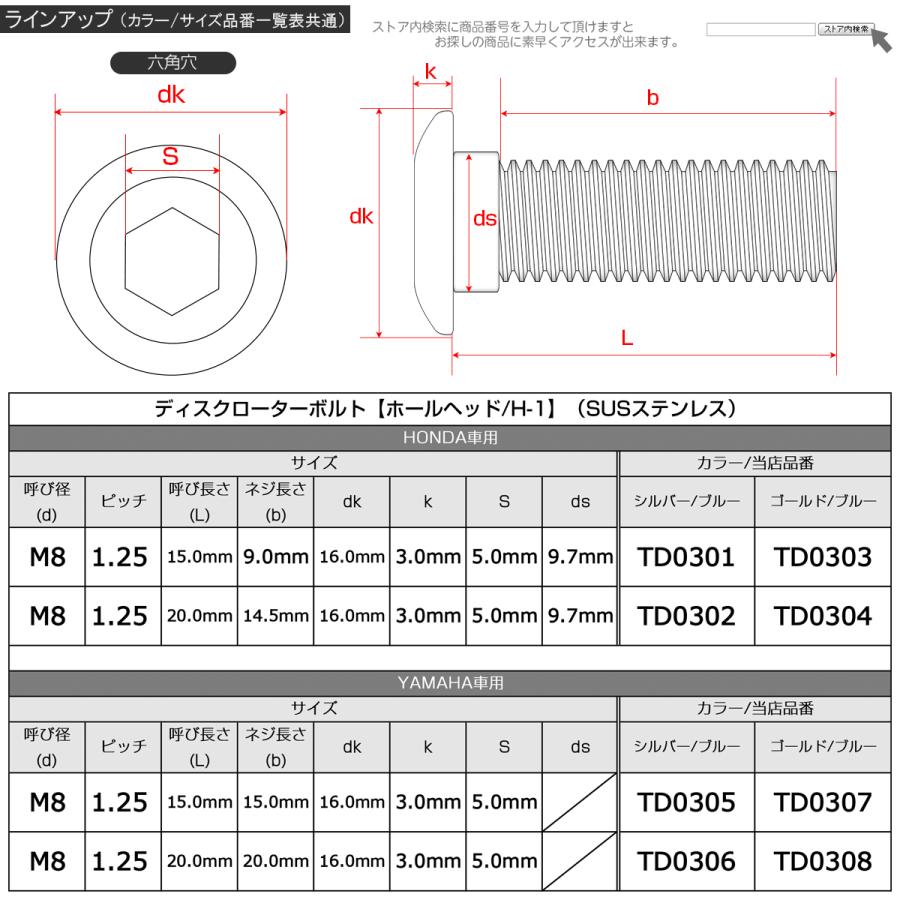 ブレーキ ディスク ローター ボルト M8×20mm P1.25 ホールヘッドH-1 ホンダ用 SUSステンレス製 シルバー＆ブルー TD0302 | ホンダ | 04