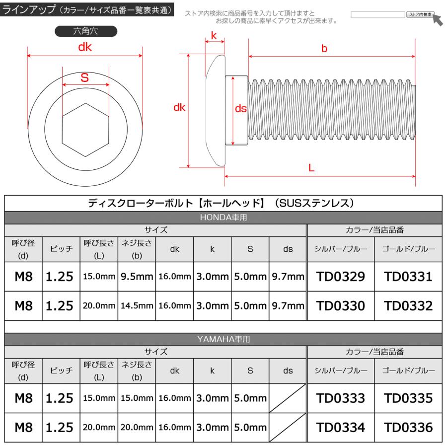 ブレーキ ディスク ローター ボルト M8×20mm P1.25 ホールヘッド ホンダ用 SUSステンレス製 シルバー＆ブルー TD0330｜eale｜05