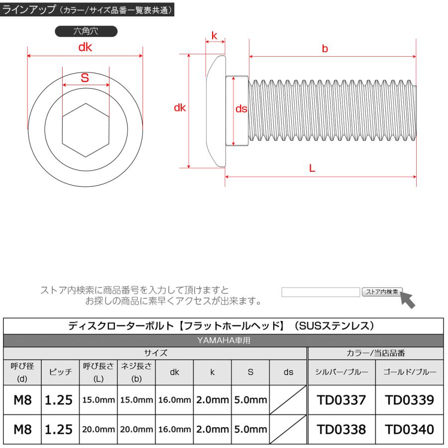 ブレーキ ディスク ローター ボルト M8×15mm P1.25 フラットホール ヤマハ用 SUSステンレス製 シルバー＆ブルー TD0337 | ヤマハ発動機 | 04