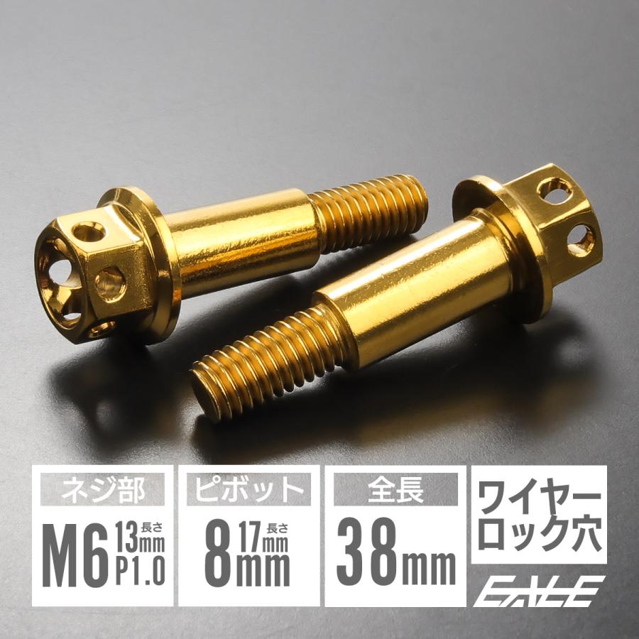 バイク レバー用 ピボットボルト M6 P1.0 ピボット径8mm ステンレス製 ワイヤーロック穴付き 補修 交換 カスタム ゴールド 2本セット TH0548 | ブランド登録なし