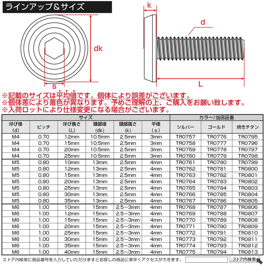 ステンレスボルト M6×20mm P1.0 シェルヘッド フラット 六角穴付 ボタンボルト SUS304 焼きチタンカラー TR0809 | ブランド登録なし | 04
