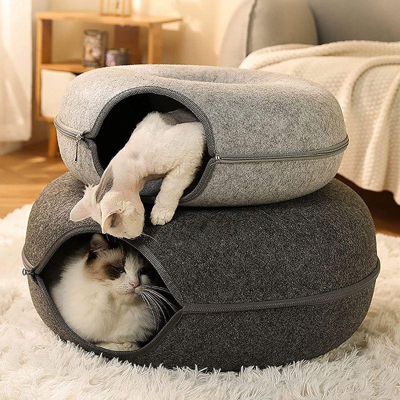 WOKEZ猫用ベッド ドーナツキャットトンネル 取り外して洗える猫用ベッ 小型犬に適したベッド 屋内用猫トンネル (S,濃い灰色)