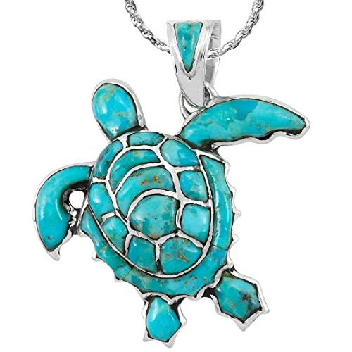 タートルペンダントネックレス 925スターリングシルバー 本物の宝石 20インチチェーン， 金属， 圧縮ターコイズ Turtle 並行輸入品_1
