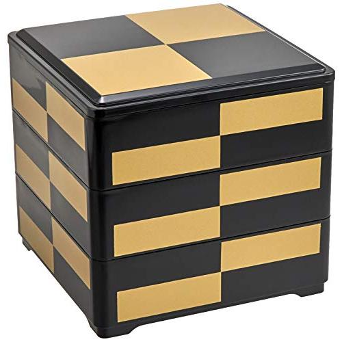 若泉漆器 3段重箱 6.5寸重 黒金市松(内黒) 深型 H-157-8A : Earth