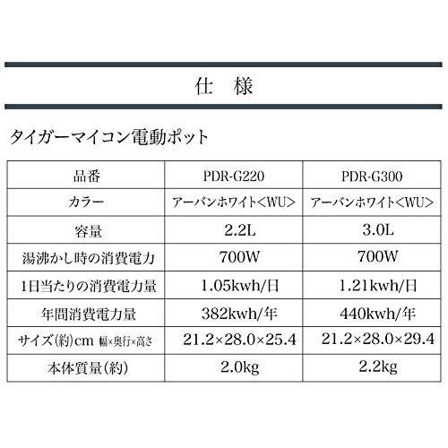 タイガー魔法瓶(TIGER) マイコン電気ポット 保温機能 節電タイマー 2.2L アーバンホワイト PDR-G220-WU｜earth-c｜09