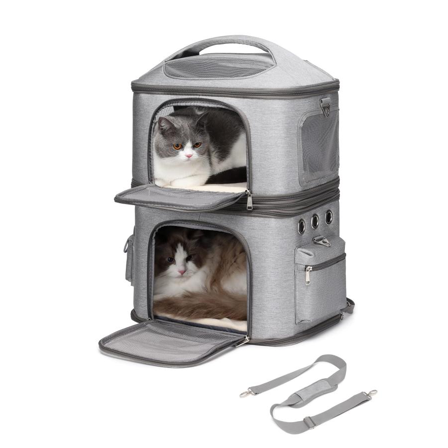 新品❤犬猫 車載バック ソフトクレート 折り畳み M グレー CHINSUKIDA 猫 2匹 リュック 分離可 キャリー 2層 ペット キャリー