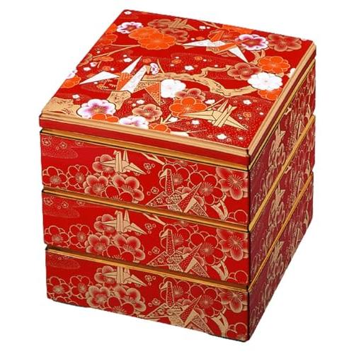 J-kitchens 重箱 3段 6.5寸 彩校倉 重朱折鶴 19.4cm x 19.2cm 日本製