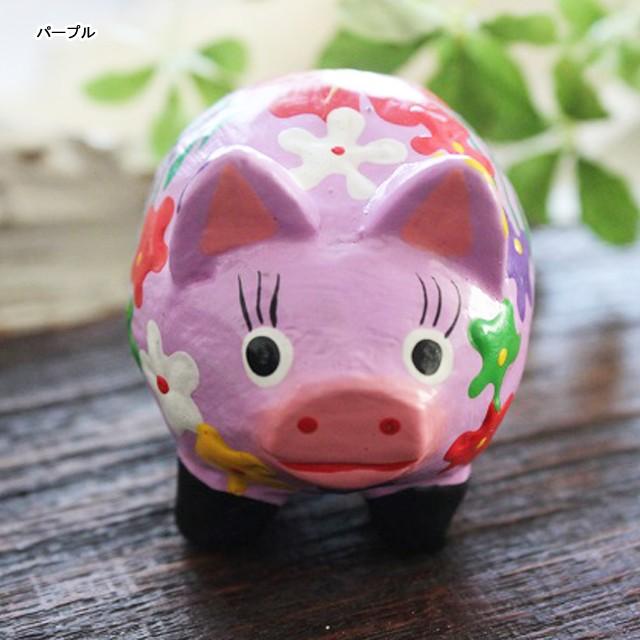 花柄ぶた 風水雑貨 縁起物 木彫りぶた ミニブタの置物 かわいいブタの