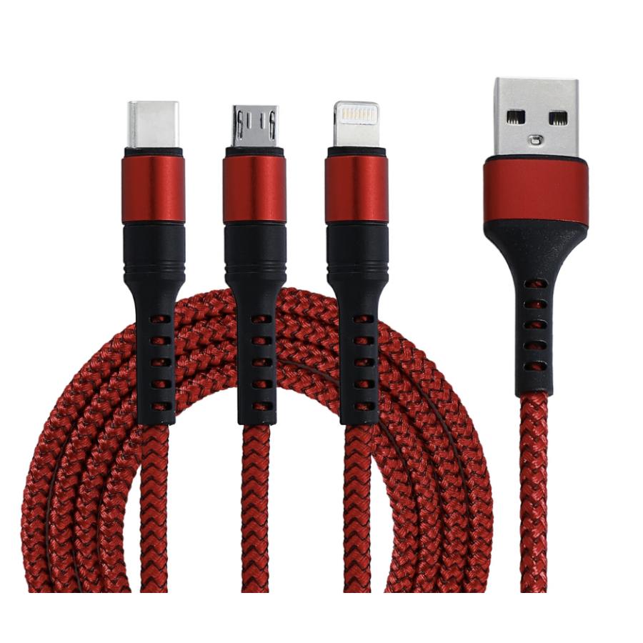 ３in１ 充電ケーブル 高速充電５Ａ対応 USB iPhone Android Type-C マイクロUSB ナイロン編み 高耐久 充電専用 持ち運び |  | 02