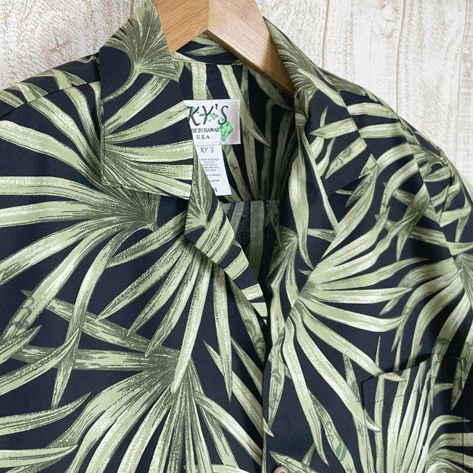 アロハシャツ ハワイ製 メンズ KY'S HAWAII ルルブラック・フォーマルリーフ柄 黒/緑・開襟・コットン/大きいサイズ有｜earthdorops｜03