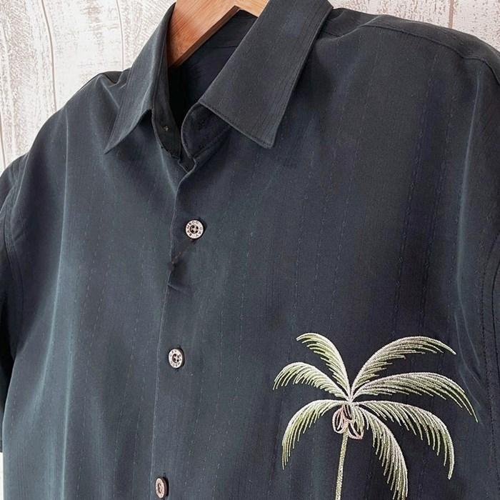 アロハシャツ Bamboo Cay バンブーケイ トールパームツリー クレメントブラック ポリ混毛 シルク風レーヨン素材 日本製 メンズ 椰子