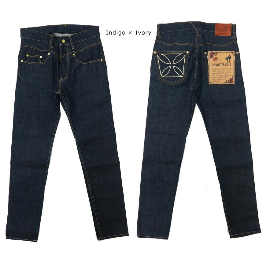 GANGSTERVILLE ギャングスタービル THUG DENIM SLIM "IRON CROSS" インディゴ 14oz デニム スリム ジーンズ アイアンクロス 刺繍｜earthmarket1｜02