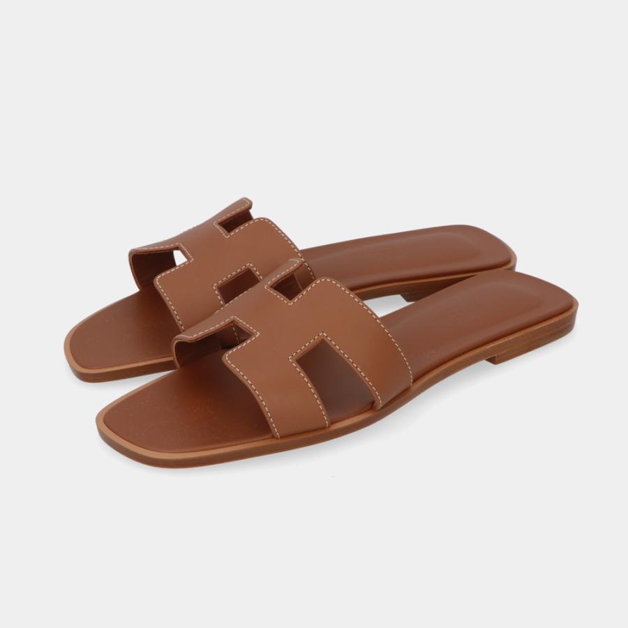 エルメス HERMES オラン フラット サンダル レザー ゴールド ブラウン