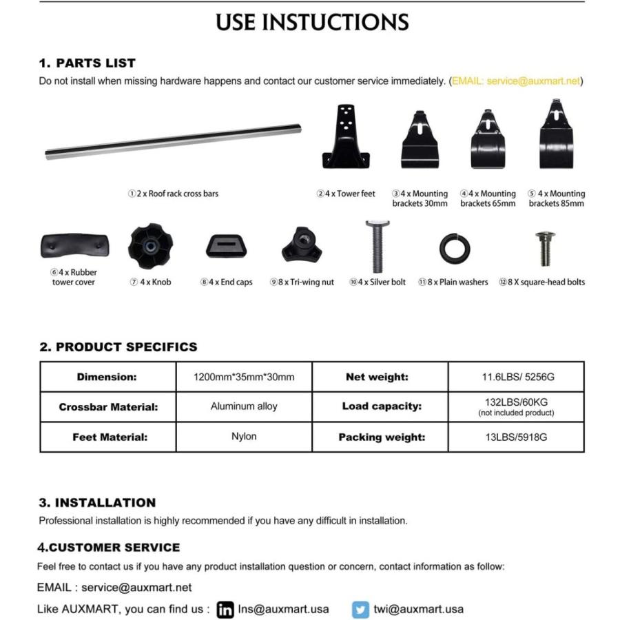 注目の福袋！ Auxmart屋根ラッククロスバーバーセット車屋根幅未満48?%ダブルクォーテ%調整可能ほとんど車のワゴン車屋根なしサイドレール( 2個パック) 150lbs / 68kg容量