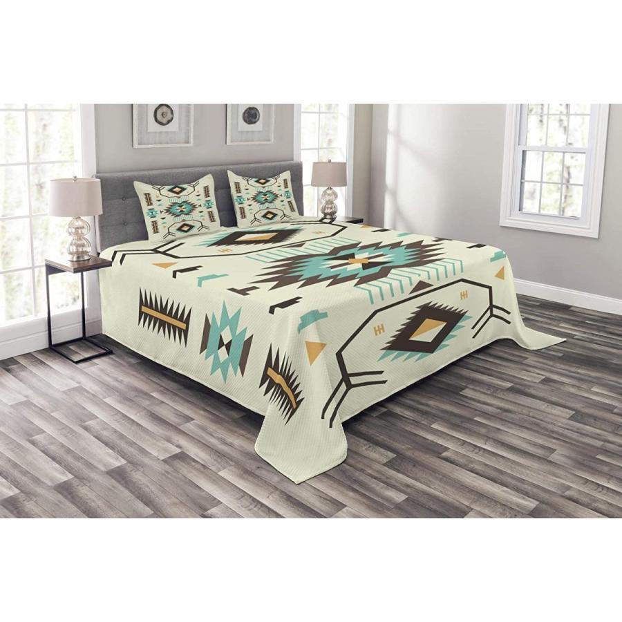 正規品販売 Ambesonne 送料無料 南西部ベッドスプレッド 3ピースベッドカバーセット 装飾キルト 三角形の象徴的なアートワークモチーフ ジグザグデザインのエスニックイラスト 布団