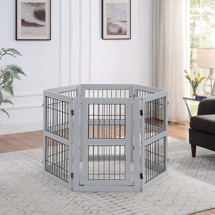 unipaws Pet Playpen with Wood and Wire, 6 Panels Extra Wide Freestanding Walk Through Dog Gate with 4 Support Feet, Foldable Stairs Barrier｜eastriver｜02