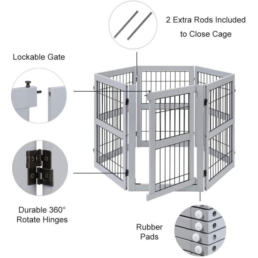 Unipaws Pet Playpen With Wood And Wire, Panels Extra Wide Freestanding Walk Through Dog Gate With Support Feet, Foldable Stairs Barrier ペットサークル 業務用ステンレスサークル 折りたたみステンレスサークル 網スノコ・トレー付 サイズ900mm×620mm×H780mm