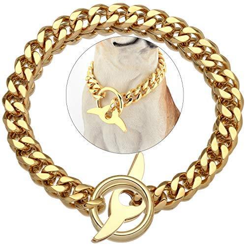Dog Choke Chain Collar 18K Cuban Link Chain 15MM Strong Heavy Duty Chew Proof Adjustable Training Walking Collar with Toggle Clasp for Large