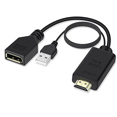 FERRISA 4K @ 60Hz HDMI-DisplayPortケーブルアダプター/コンバーター（USB電源付き）、モニター用オス-メスHDMI-DPアダプター、HDMI2.0 HDCP2.2をサポート