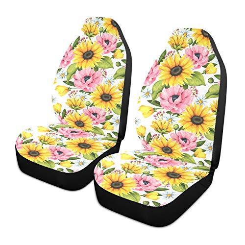 ALAZA Sunflowers Poppy Daisy Floral Car Seat Covers Front Seats Only for Women Men Seat Covers w/Organizer Pocket for Cars SUV Truck Sedan