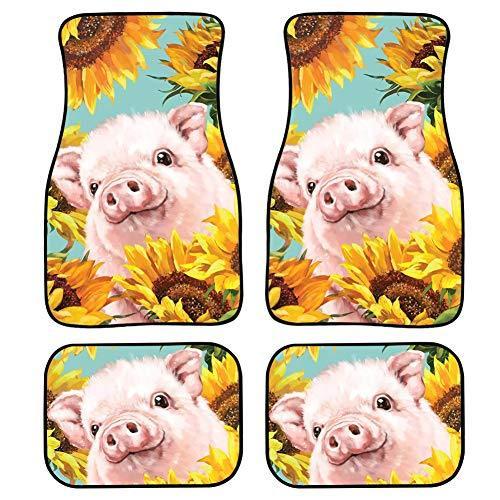 HUISEFOR Cute Pig Sunflower 4pcs Car Floor Back Mats Fit Auto Car SUV， Waterproof Auto Interior Protector Carpet， Holiday Travelling Foot Ma