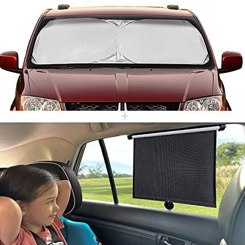 EcoNour Gift Bundle | Windshield Sun Shade (X-Large 75”x37”) + Car Side Window Sunshade (2 Pack) | Retractable Car Roller Sunshade | UV