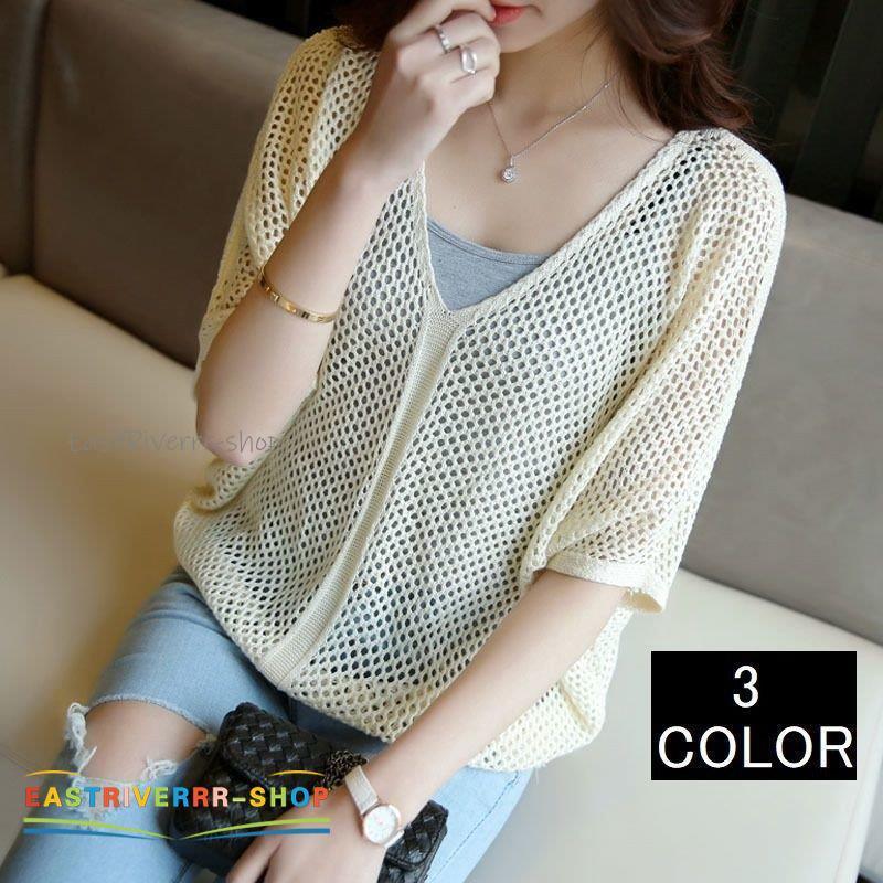 店 透かし編みニット トップス サマーニット ニットソー レディース ドルマンスリーブ 半袖 5分袖 Vネック プルオーバー 後ろボタン 背中ボタン 飾り Sarozambia Com