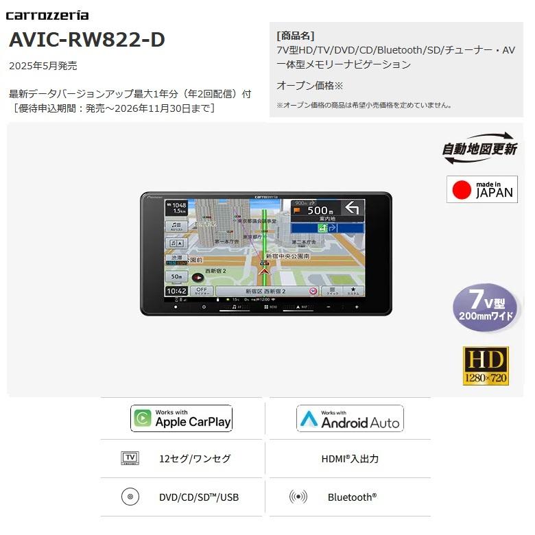 カロッツェリア パイオニア carrozzeria AVIC-RW822-D カーナビ 楽ナビ