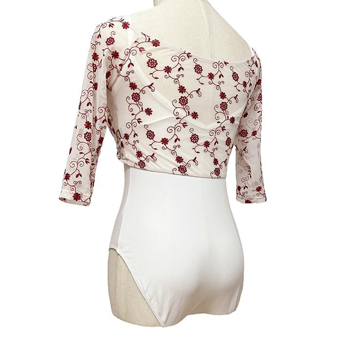 バレエ トップス 小花柄 刺繍 メッシュトップス（5分袖）M2033