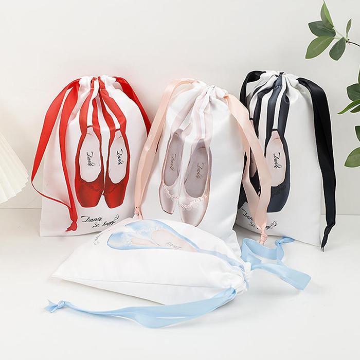 バレエ シューズバッグ 巾着袋 トウシューズ柄 サテンリボン付き