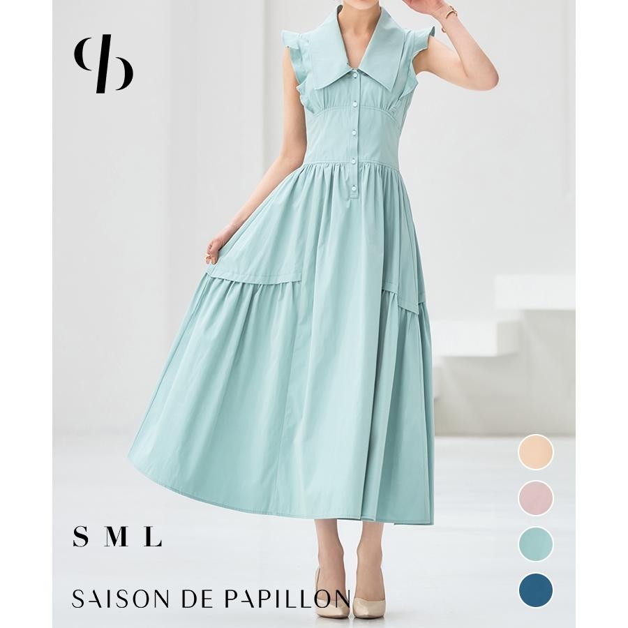 ワンピース ノースリーブワンピース フレアワンピース 春 夏 レディース 襟付き Vネック ミモレ丈 くるぶし丈 ウエストゴム ウエストギャザー ウエ 日本製