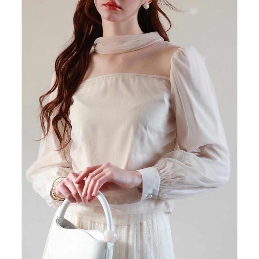 チュール トップス レディース プチハイネック 立ち襟 クロップド丈 ショート丈 ブラウス シースルー シアー 長袖 春 レトロ きれいめ 大人 セク |  | 10